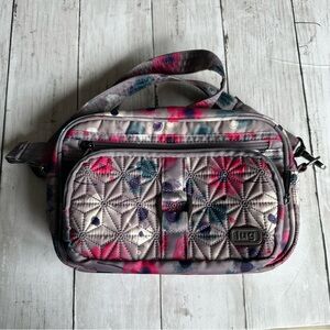 PREOWNED LUG CAROUSEL FLORAL PRINT GREY PINK PURPLE CROSS BODY BAG
